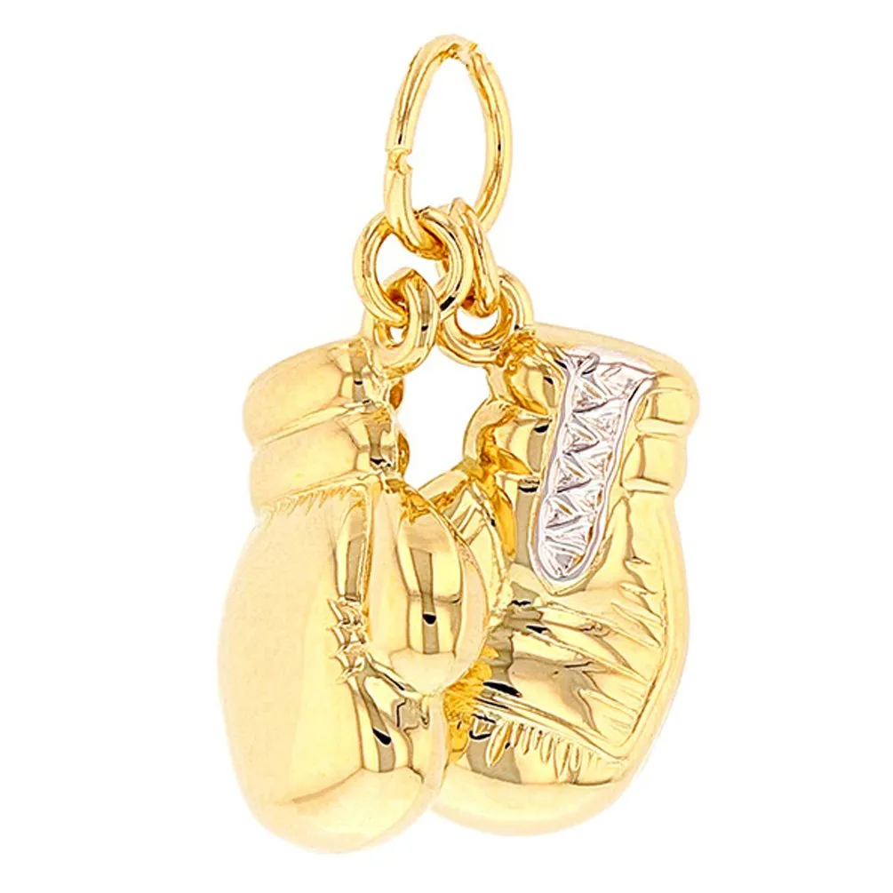 14k High Polish Yellow Gold 3D Boxing Gloves Charm Sports Pendant Figaro Chain Necklace