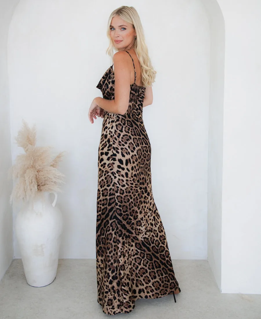 Animal Cowl Neck Satin Maxi Dress