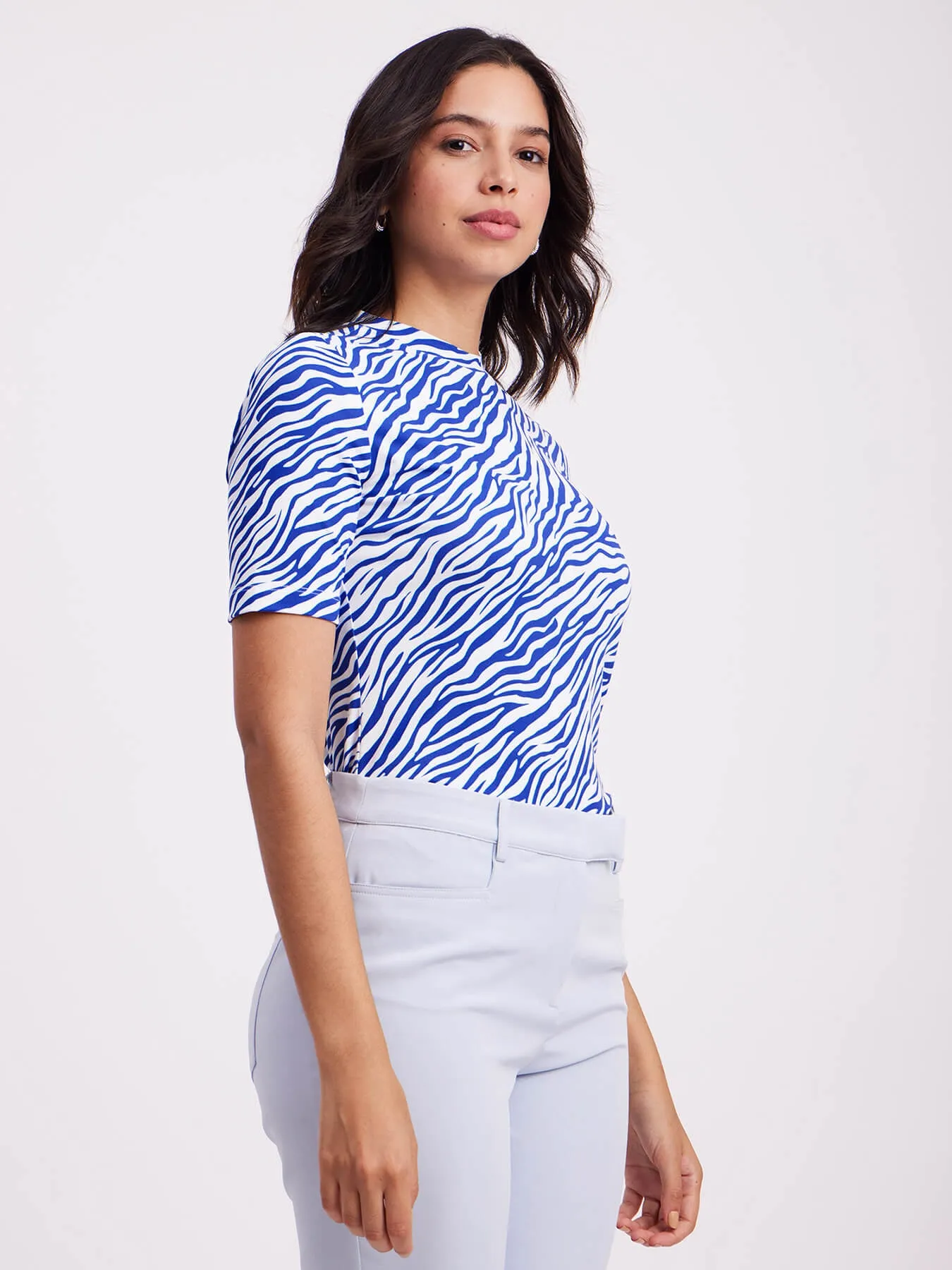 Animal Print Crew Neck Top - Blue