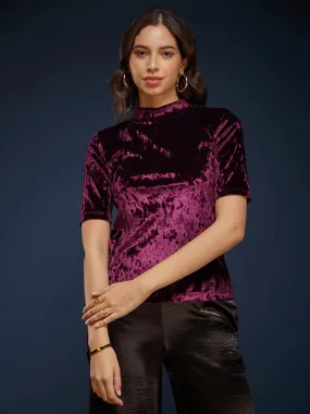 Band Neck Velvet Tee - Wine