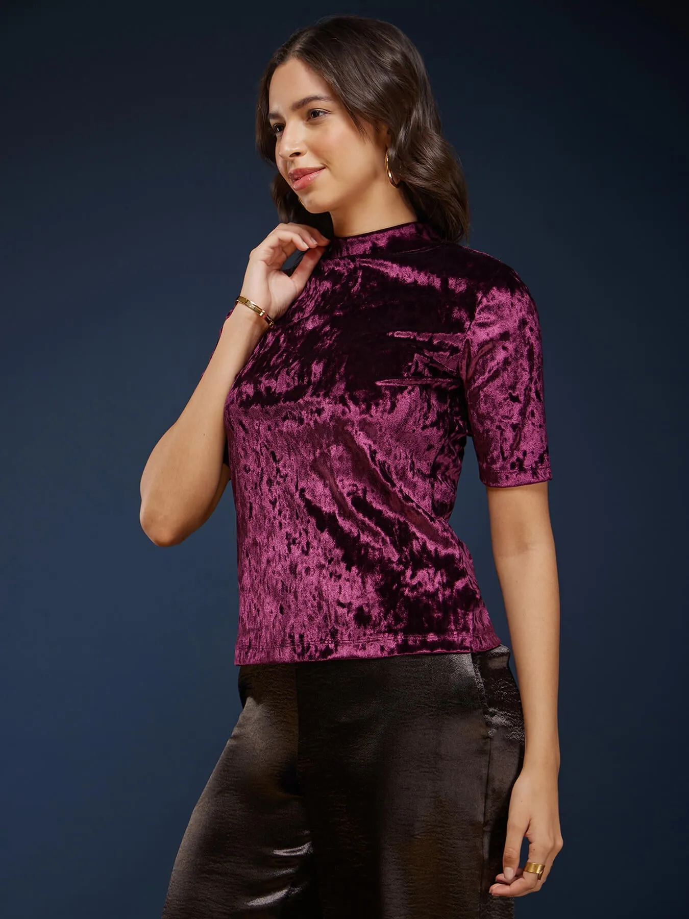 Band Neck Velvet Tee - Wine