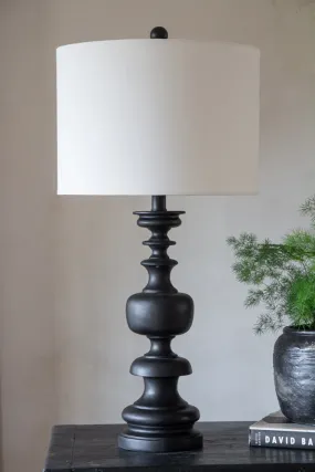 Black Turned Wood Table Lamp With Linen Lamp Shade