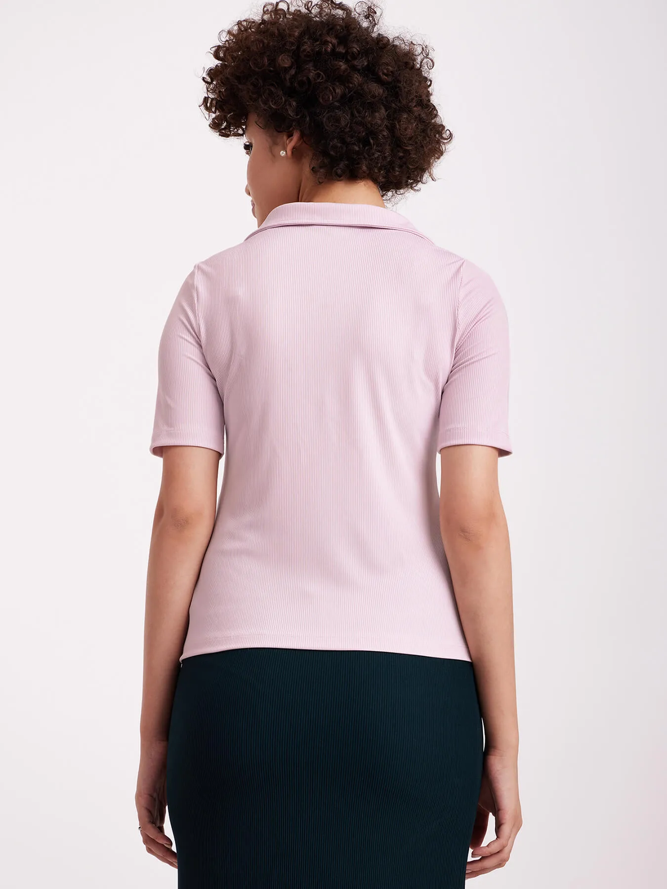 Collared Rib Knit Top - Pink