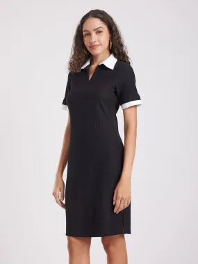 Contrast Collar Rib Knit Dress - Black And White