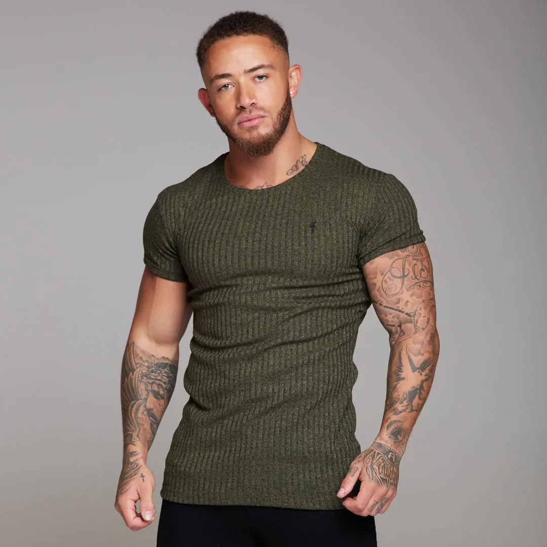 Father Sons Classic Khaki Ribbed Knit Super Slim Long Line Crew - FSH172