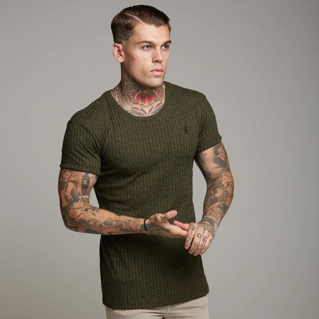 Father Sons Classic Khaki Ribbed Knit Super Slim Long Line Crew - FSH172