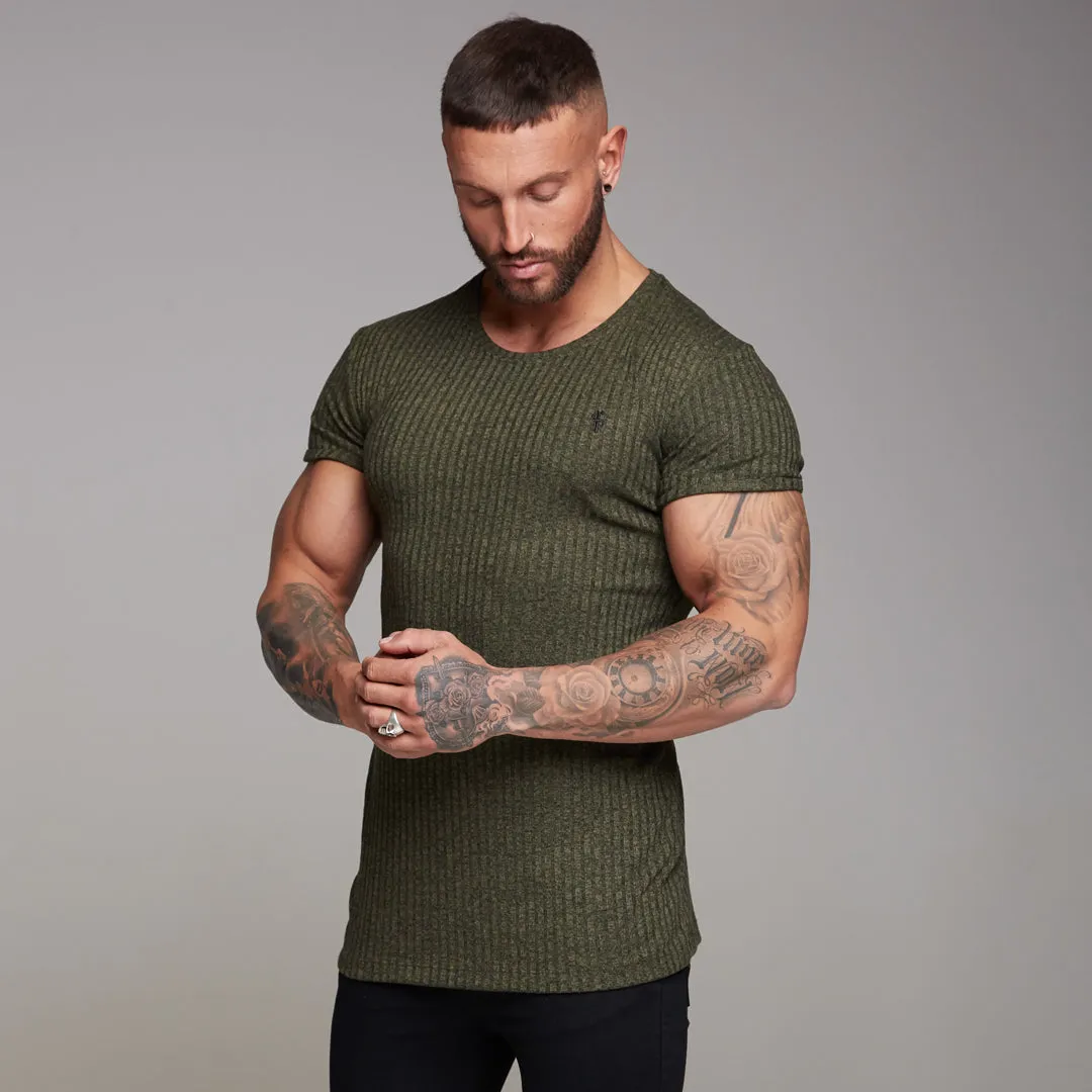 Father Sons Classic Khaki Ribbed Knit Super Slim Long Line Crew - FSH172