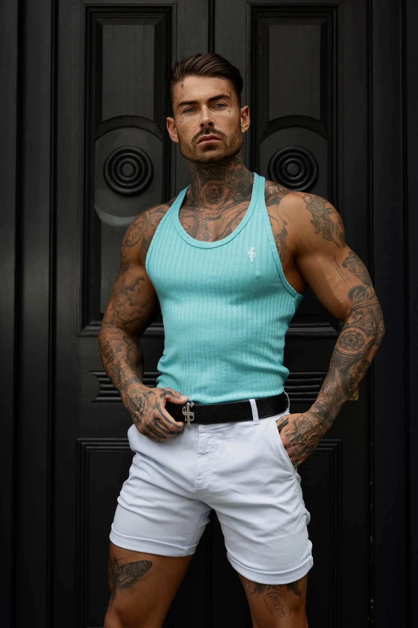 Father Sons Classic Turquoise / White Ribbed Knit Super Slim Vest - FSH1027