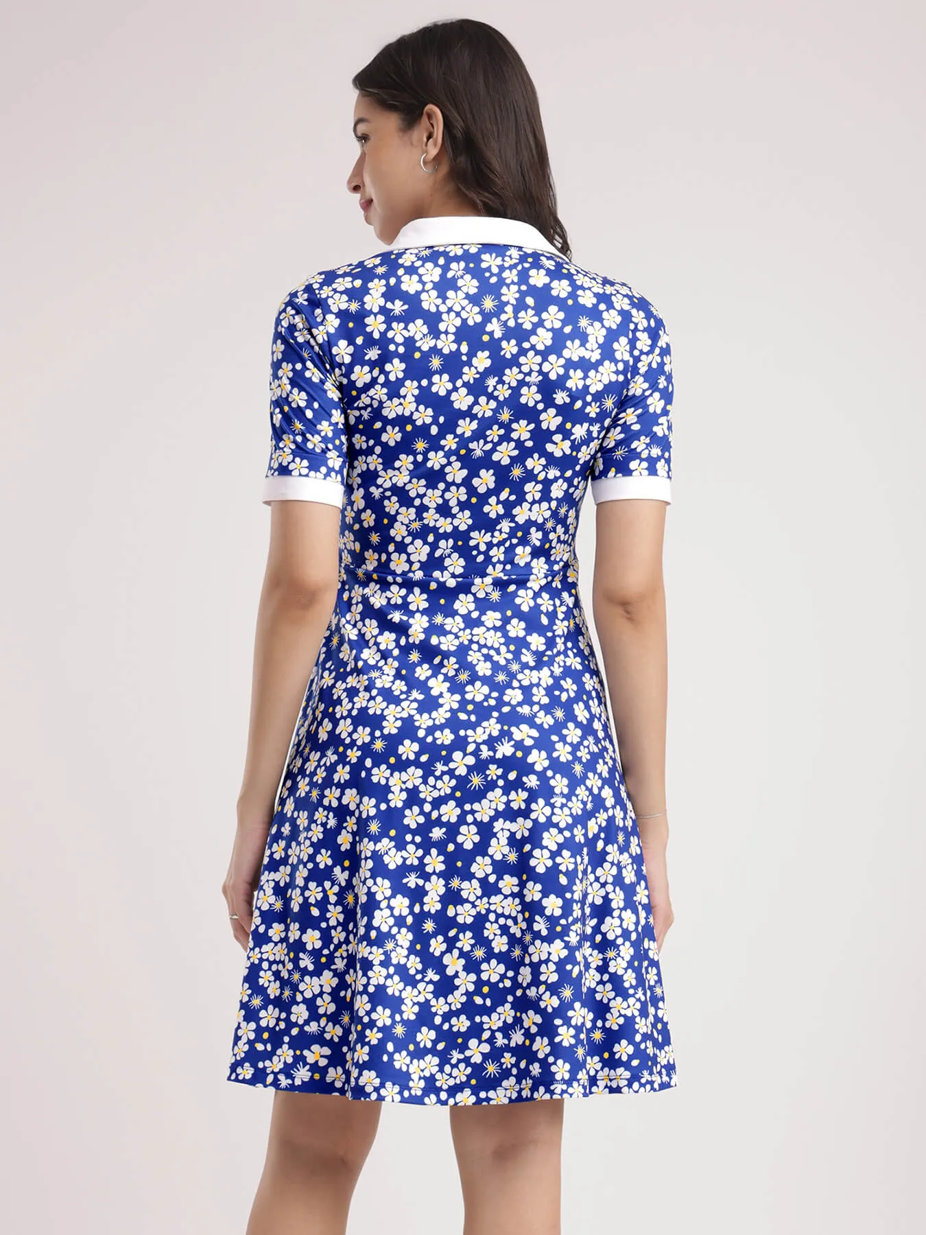 Floral Print Knitted Dress - Blue And White