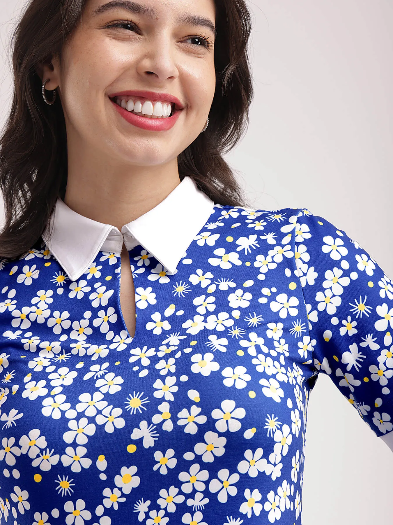 Floral Print Knitted Dress - Blue And White