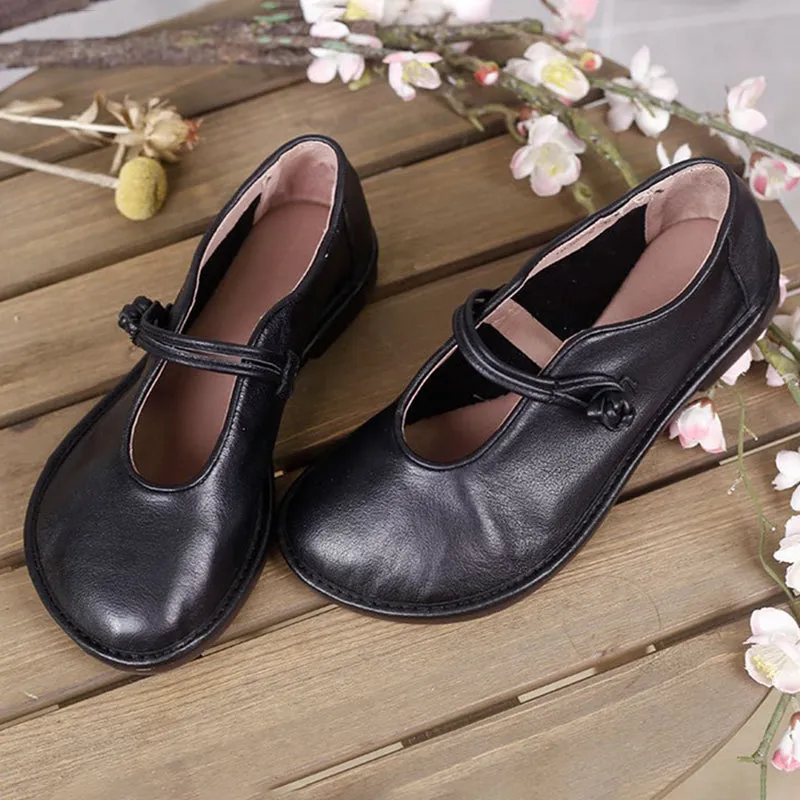 Handmade Leather Black/Brown/Green Mary Jane Flats For Women Retro Round Toe Original Design