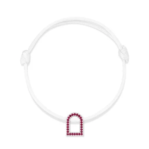 L'Arc Voyage Charm MM, 18k White Gold with Galerie Rubies on Silk Cord