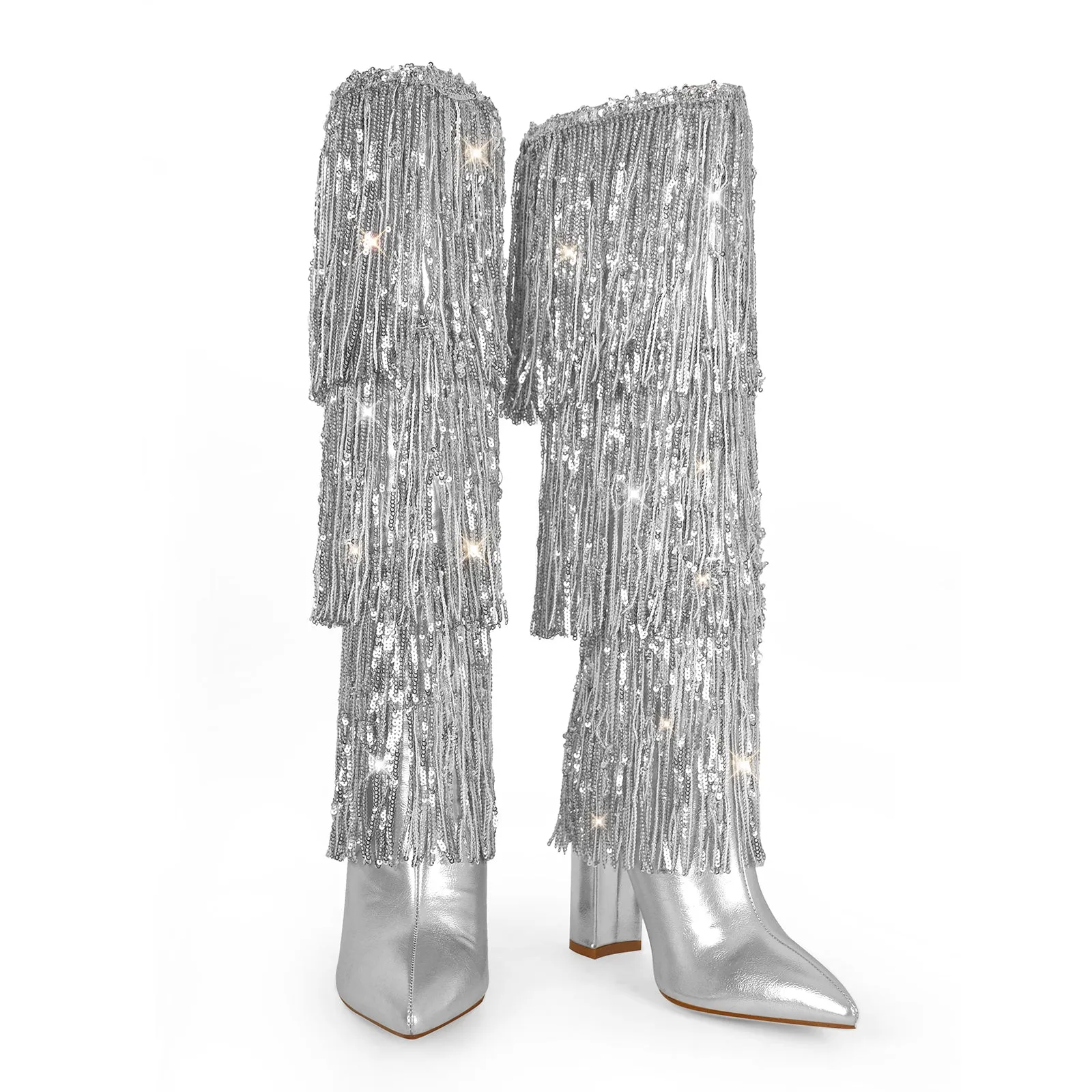 Pointed Toe Chunky Heel Fringe Sequin Boots