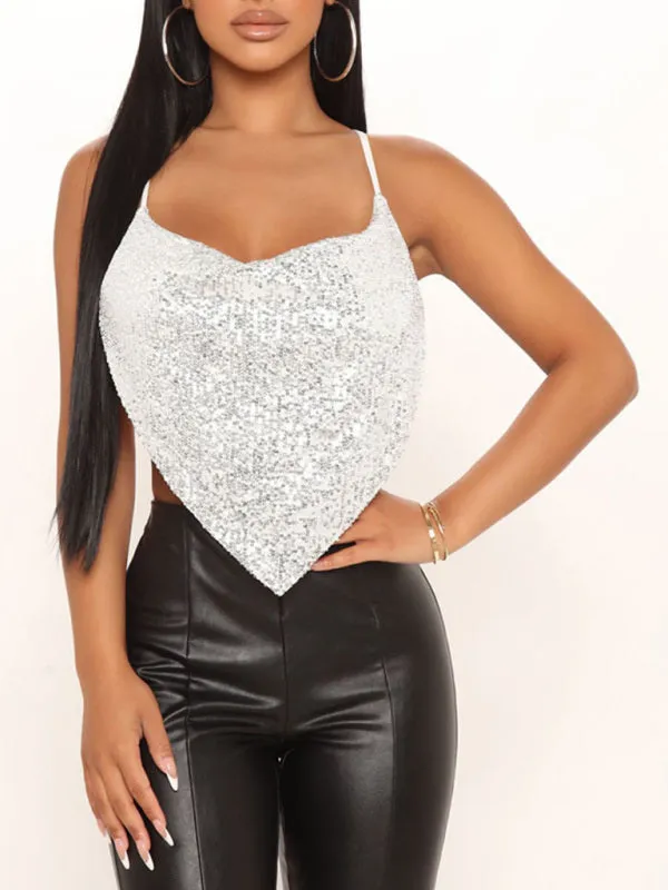 Women's Sequin Handkerchief Hem Camisole Top With Open Back